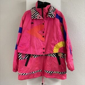 VTG Women's 1980s Obermeyer Sport Ski Acrobat Jacket Neon Pink 3/4 Zip Sz 14